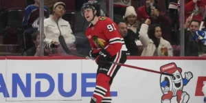 Connor Bedard skating for the Chicago Blackhawks