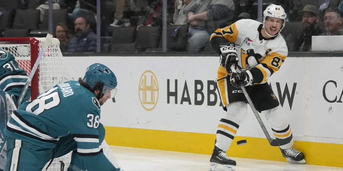 Sidney Crosby of the Pittsburgh Penguins against the San Jose Sharks