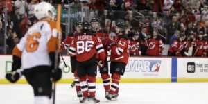 New Jersey Devils skating against the Philadelphia Flyers