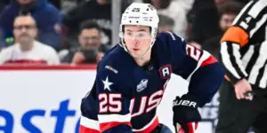 Charlie McAvoy skating for Team USA in the 4 Nations Face-Off