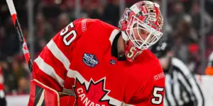 Jordan Binnington skating for Team Canada in the 4 Nations Face-Off