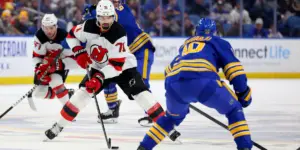 Jonas Siegenthaler carries the puck against the Buffalo Sabres.