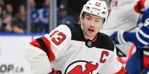 New Jersey Devils forward Nico Hischier (13) pursues the play against the Toronto Maple Leafs in the third period at Scotiabank Arena. Dan Hamilton-Imagn Images