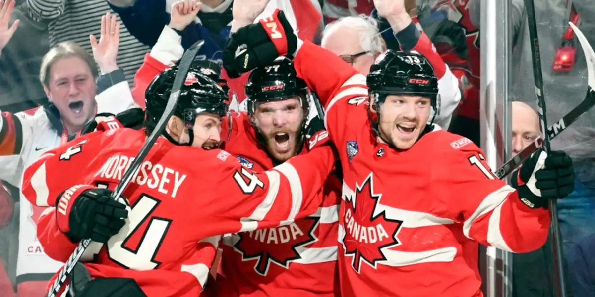 Reinhart celebrates a Team Canada goal.