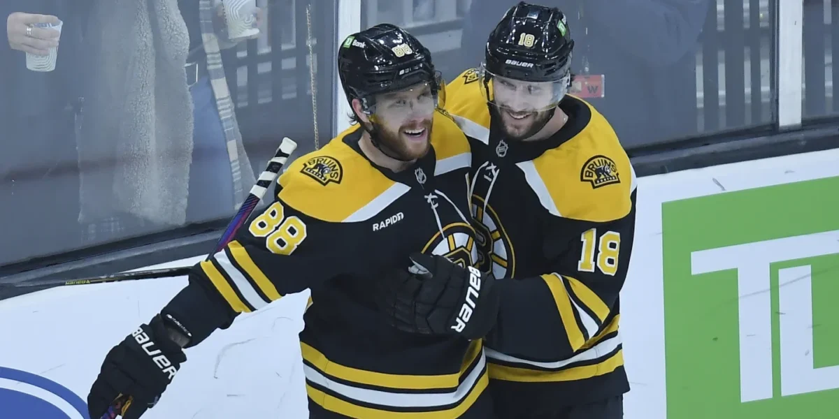 David Pastrnak and Pavel Zacha of the Boston Bruins