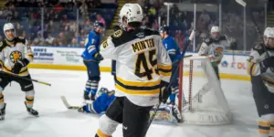 Fraser Minten celebrating a goal for the Providence Bruins