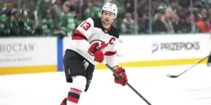 Nico Hischier skates against the Dallas Stars.