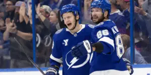 Jake Guentzel Nikita Kucherov celebrating a goal for the Tampa Bay Lightning