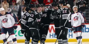 Luke Hughes celebrates his third-period goal against the Columbus Blue Jackets.