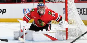 Spencer Knight in net for the Chicago Blackhawks