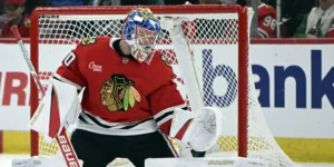 Spencer Knight in net for the Chicago Blackhawks