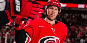 Taylor Hall celebrating a goal with the Carolina Hurricanes