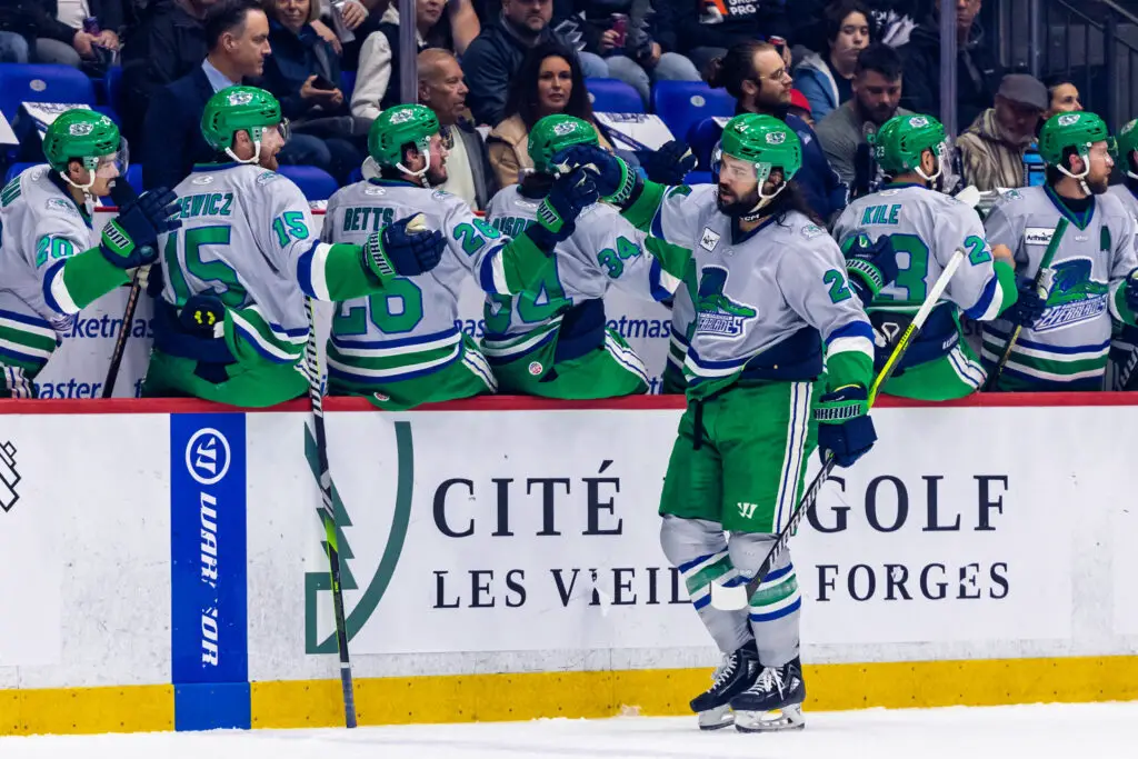 Florida Everblades forward Kyle Neuber celebrates after scoring a goal