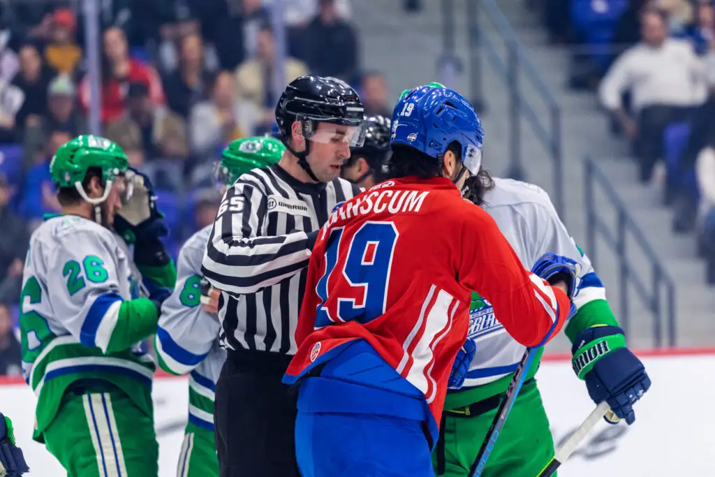 Trois-Rivieres Lions forward Israel Mianscum gets into a scrum during Game 4 of the Eastern Conference Finals