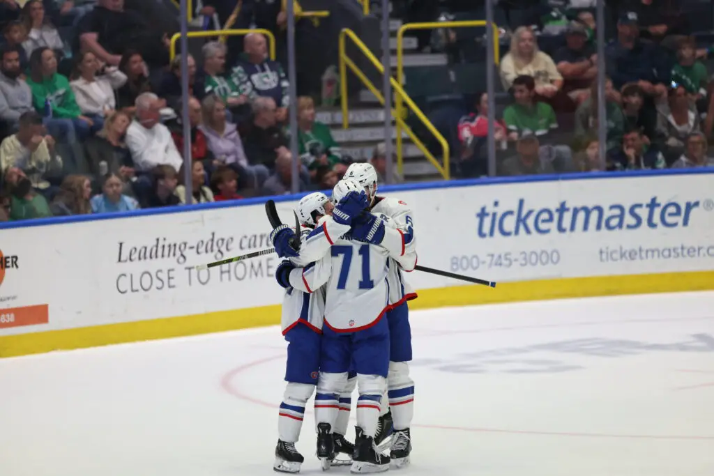 Justin Ducharme and the Trois-Rivieres Lions celebrate the game's opening goal vs Florida Everblades