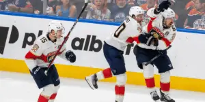 Brad Marchand celebrating a 2OT goal in the 2025 Stanely Cup Final