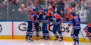 The Edmonton Oilers celebrating an overtime win in Game 1 of the 2025 Stanley Cup Final