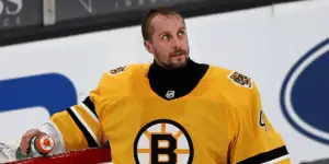 Jaroslav Halak in net for the Boston Bruins